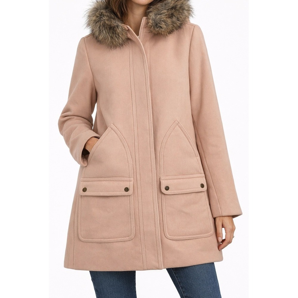 J. Crew Womens 8 Beige Peach Vail Faux‎ Fur Tan Wool Blend Hooded Pea Coat